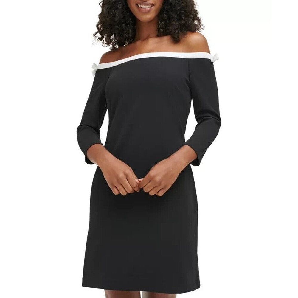 KARL LAGERFELD PARIS Women's Off-The-Shoulder Scuba Crepe Dress Black 14 - Picture 2 of 10